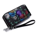 thumbnail image 1 of Women Genuine Leather Wallet with Wrist Strap, Double Zipped Embossed Flower Floral Hand Painted Wrislet Clutch Purse, RFID Blocking, 1 of 7
