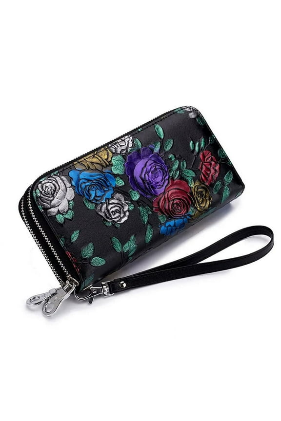 Women Genuine Leather Wallet with Wrist Strap, Double Zipped Embossed Flower Floral Hand Painted Wrislet Clutch Purse, RFID Blocking