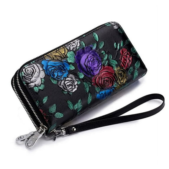 Women Genuine Leather Wallet with Wrist Strap, Double Zipped Embossed Flower Floral Hand Painted Wrislet Clutch Purse, RFID Blocking
