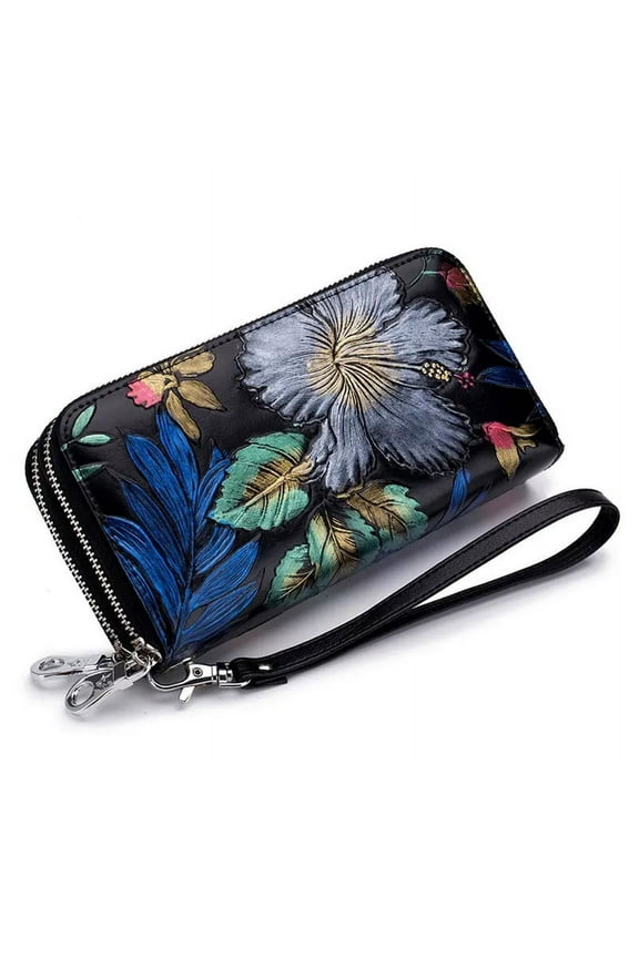 Women Genuine Leather Wallet with Wrist Strap, Double Zipped Embossed Flower Floral Hand Painted Wrislet Clutch Purse, RFID Blocking