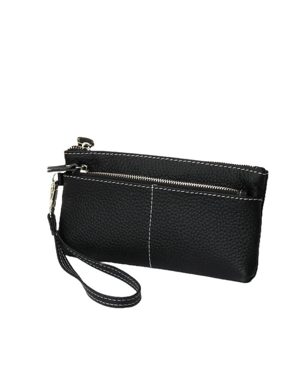 Women Genuine Leather Wristlet Wallet with Hand Strap. 3 Zipped Pockets, 6 Credit Card Slots Case Coin Purse.