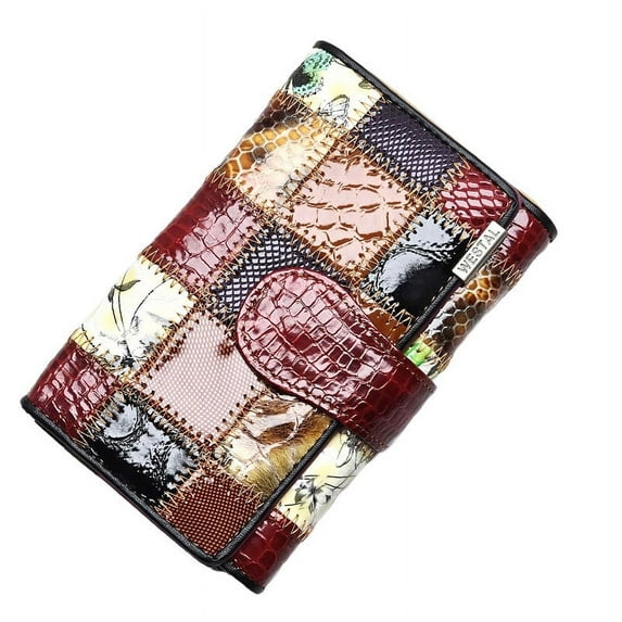 Women Genuine Patent Leather Trifold Wallet, Patchwork Crafted Colorblock Embossed Floral Clutch Purse - Long Wallets