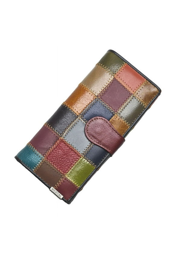 Women Genuine Patent Leather Trifold Wallet, Patchwork Crafted Colorblock Embossed Floral Clutch Purse - Long Wallets