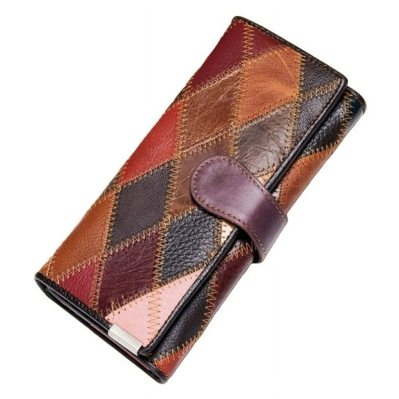 Women Genuine Patent Leather Trifold Wallet, Patchwork Crafted Colorblock Embossed Floral Clutch Purse - Long Wallets