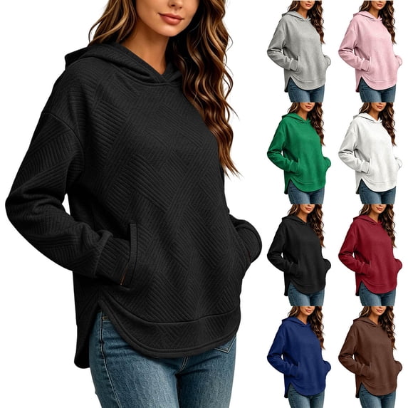 Women Geometric Crisscross Jacquard Textured Hoodie Sevevn Curved Split Hem Dual Side Pocket Long Sleeve Drop Shoulder Loose Fit Casual Pullover Sweatshirt