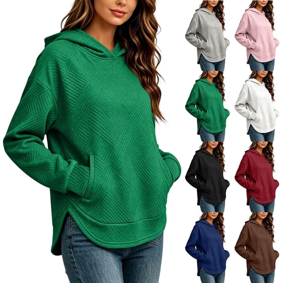 Women Geometric Crisscross Jacquard Textured Hoodie Sevevn Curved Split Hem Dual Side Pocket Long Sleeve Drop Shoulder Loose Fit Casual Pullover Sweatshirt