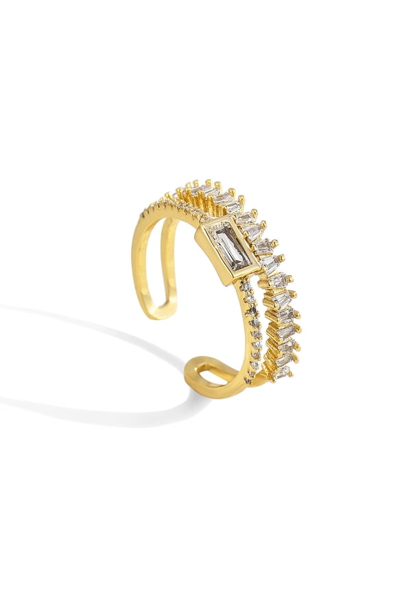 Women Geometric Double Layer Ring Zircon Copper Gold