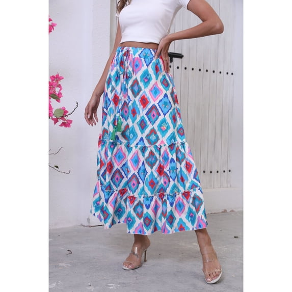Women Geometric Print Tiered Maxi Skirt Elastic Drawstring Waist Flowy Ruffle Long Casual Skirts