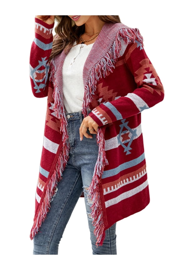 Women Geometric Stripe Fringe Hooded Knit Cardigan Casual Open Front Long Sleeve Cardigan Hooded Outwear Coat Red L