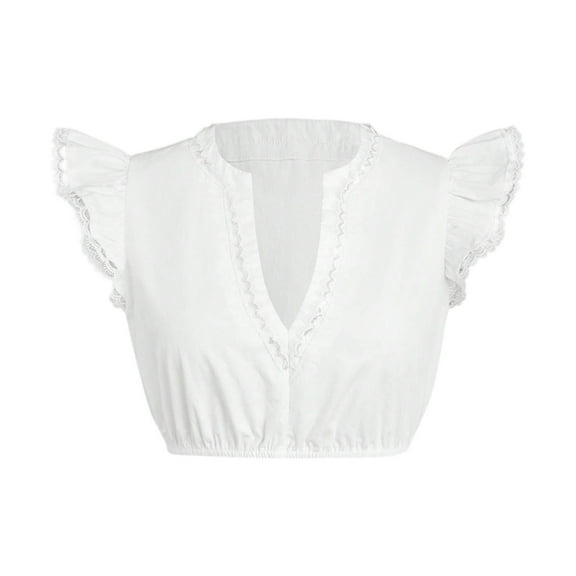 Women German Dirndl Blouse Bavarian Oktoberfest Festival Short Sleeve White Dirndl Shirts Crop Tops, S