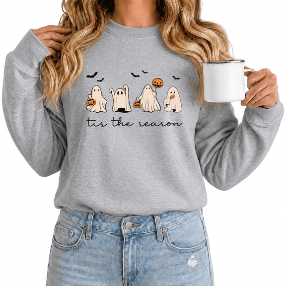 Women Ghost Halloween Graphic Sweatshirt Round Neck Pullover Hand Drawn Seasonal Long Sleeve Shirt