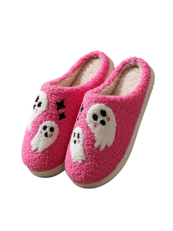 Women Ghost Pattern Fluffy Platform Slide Slippers, Thick Plush Fabric, Cloud Cushion Footbed, Textured Anti Slip Outsole, Holiday Decor Silhouette for Fall Indoor Daily Loungewear Rest,Hot Pink 5.5