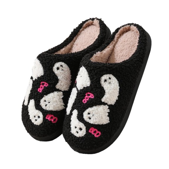 Women Ghost Pattern Fluffy Platform Slide Slippers, Thick Plush Fabric, Cloud Cushion Footbed, Textured Anti Slip Outsole, Holiday Decor Silhouette for Fall Indoor Daily Loungewear Rest,Black 5.5