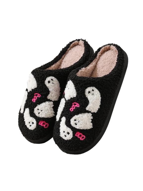 Women Ghost Pattern Fluffy Platform Slide Slippers, Thick Plush Fabric, Cloud Cushion Footbed, Textured Anti Slip Outsole, Holiday Decor Silhouette for Fall Indoor Daily Loungewear Rest,Black 5.5
