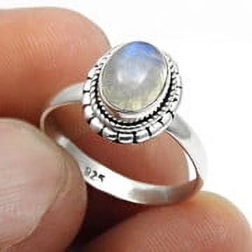 Women Gift Natural Rainbow MoonGemstone 925 Silver Bezel Cocktail Ring Size 6