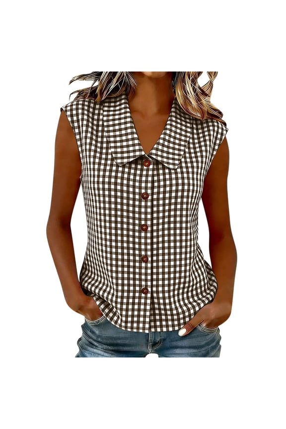Women Gingham Button Down Slim Sleeveless Blouse Plaid Top Summer Henley Neck Tank Vest Spring Summer Clothes