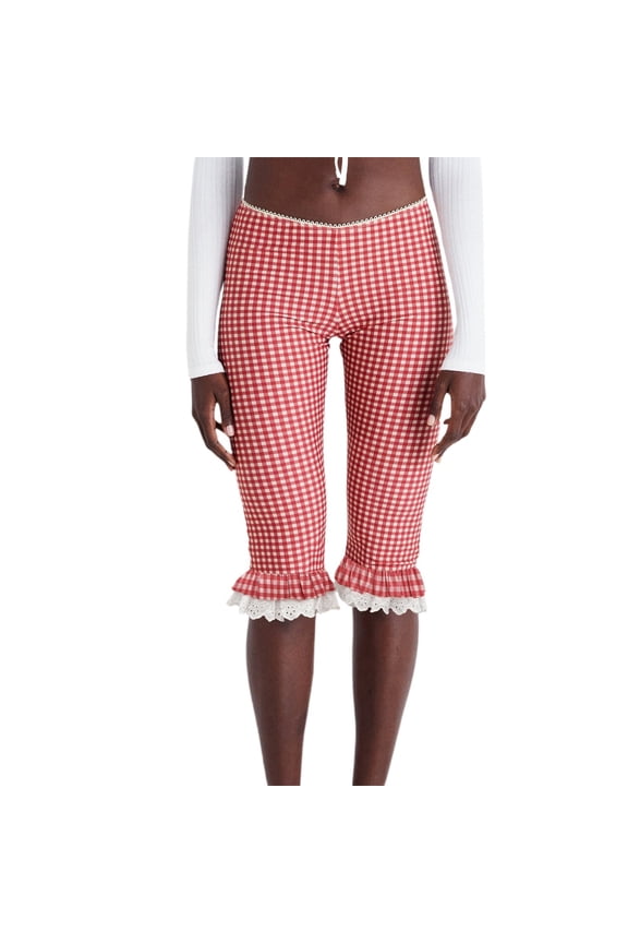 Women Gingham Capri Pants Lace Trim Ruffle Hem Cropped Pull On Summer Bottoms