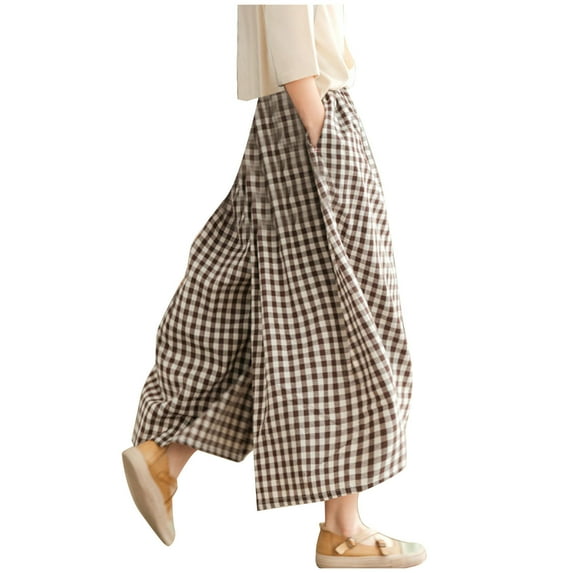 Women Gingham Culottes Wide Leg Palazzo Pants Elastic Waist Plaid Capri Pant with Pockets for Work Travel Causal