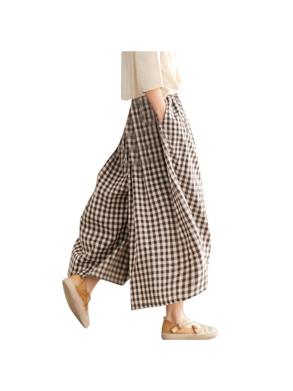 Women Gingham Culottes Wide Leg Palazzo Pants Elastic Waist Plaid Capri Pant with Pockets for Work Travel Causal