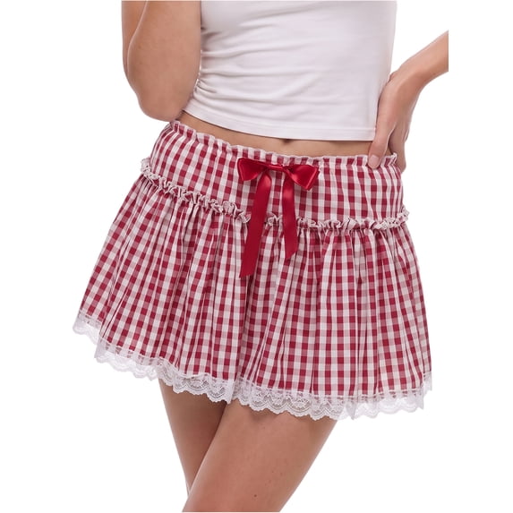 Women Gingham Lace Trim Princess Skirt Plaid Bow Decor Pleating Mini Skirts for Halloween Christmas