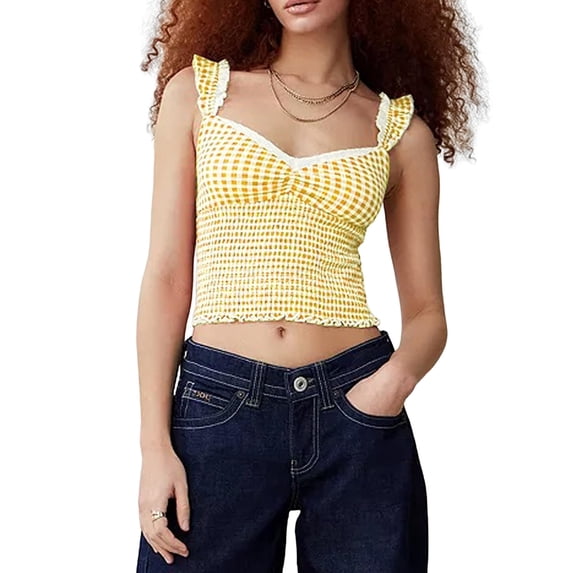 Women Gingham Lace Trim Square Neck Crop Tank Tops Plaid Y2K Sleeveless Slim Fitted Camis Shirts Yellow S