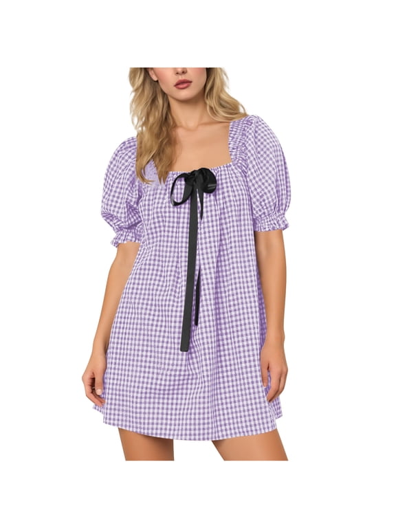 Women Gingham Mini Dress Puff Short Sleeve Bow Tie Square Neck Plaid Dress Summer Casual A-Line Babydoll Short Dress