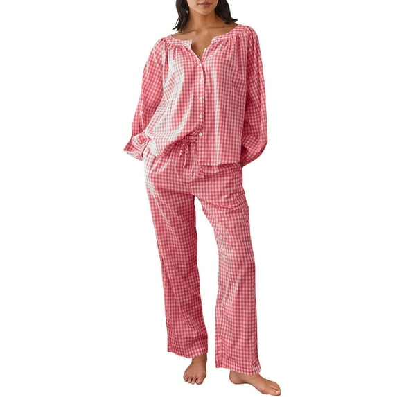 Women Gingham Pajama Sets Ruffle Long Sleeve Button Down Shirt and Pants Y2K Pjs Lounge Set Sleepwear with Pockets