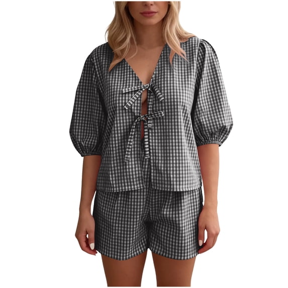 Women Gingham Printed Short Pajama Set Loose Puff Half Sleeve Tie Front Tops Lounge Shorts 2pcs Y2K Pj Outfits