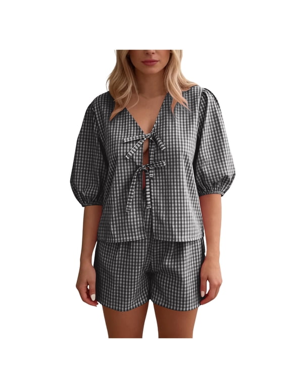 Women Gingham Printed Short Pajama Set Loose Puff Half Sleeve Tie Front Tops Lounge Shorts 2pcs Y2K Pj Outfits