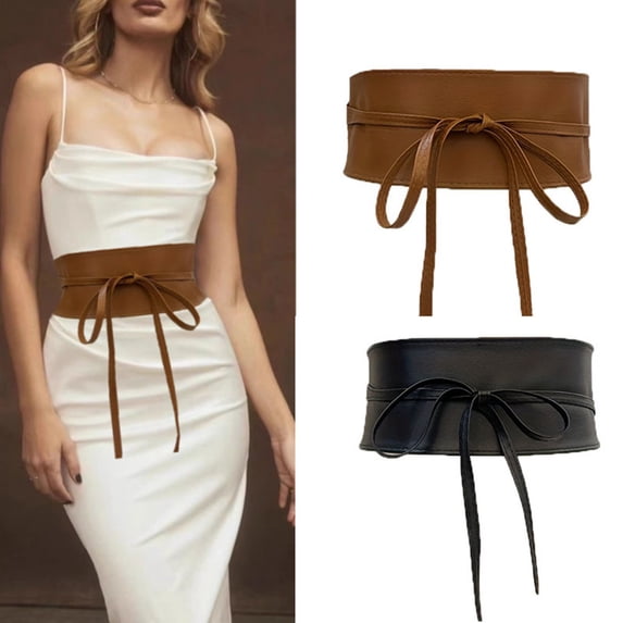 Women Girdle Smooth Faux Leather Solid Color Wide Lace Up Adjustable Anti-slip Firm Stitching Retro Slim Waist Decoration Dress Coat Sweater Waist Belt Waistband