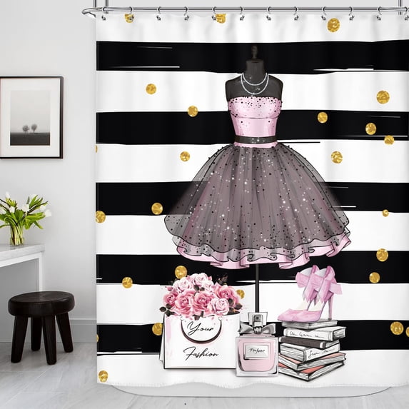 Women Girl Cosmetic and Make Up Shower Curtain Modern Lady Stylish Watercolor Perfume and Lipstick Fabric Bathroom Curtain Sets