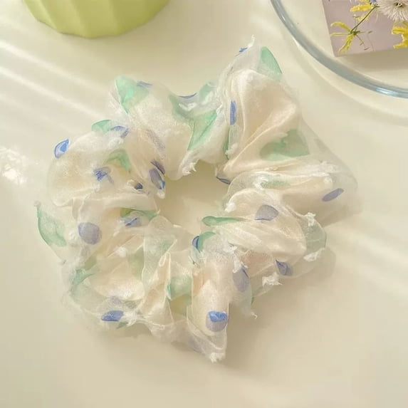 Women Girl Elegant Organza Heart-shaped Embroidered Ponytail Headband Mesh Hair Scrunchies Hair Accessories Hair Tie BLUE GREEN