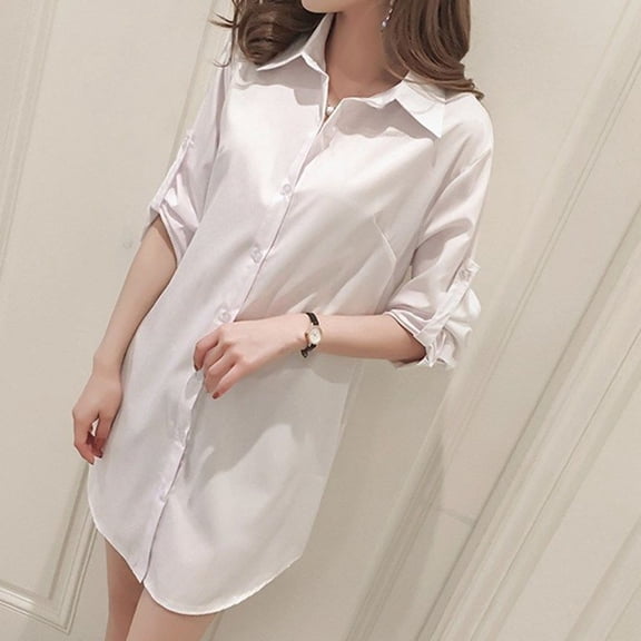 Women Girl Fashion White Black Long Sleeve V Neckline Slim Shirt Oversize Dress