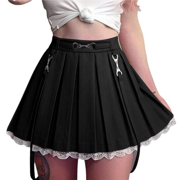 Women Girl Gothic Skirt High Waist Lace Pleated Skirt Suspender Mini Skirt Y2K A-Line Flared Short Skirt Harajuku Skirt