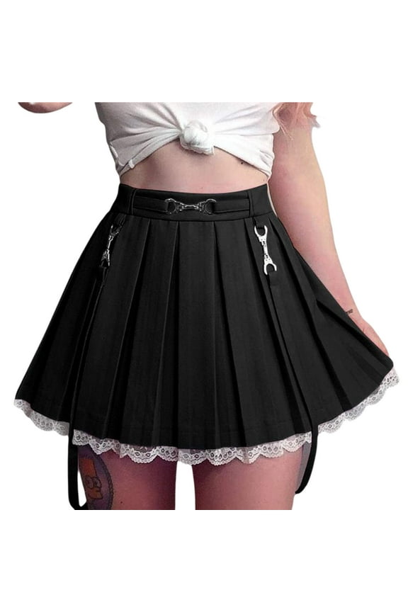 Women Girl Gothic Skirt High Waist Lace Pleated Skirt Suspender Mini Skirt Y2K A-Line Flared Short Skirt Harajuku Skirt