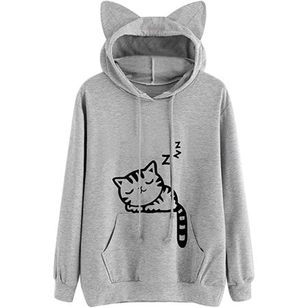 Women Girl Hoodies Cute Cat Ear Novelty Printed Pullover Sweatshirt