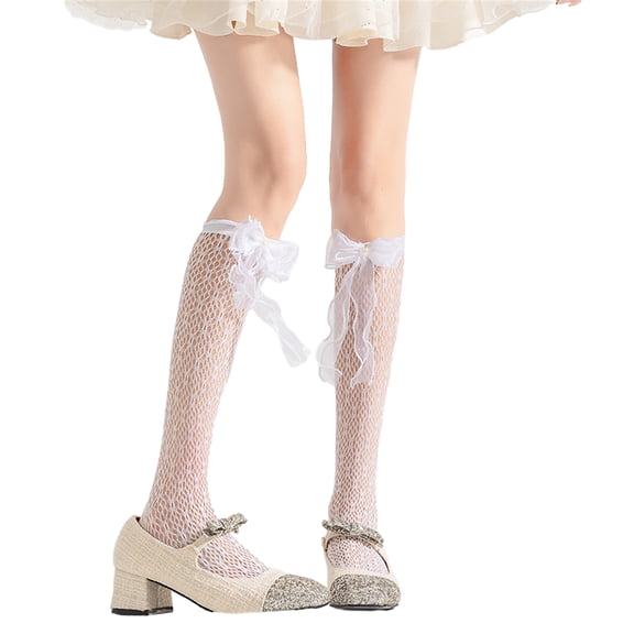 Women Girl Japanese Over Calf Mesh Socks with Sweet Pearl Bowknot See Through Hollowed Out Long Tube Socks