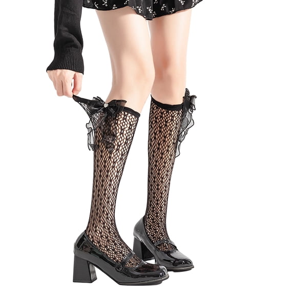 Women Girl Japanese Over Calf Mesh Socks with Sweet Pearl Bowknot See Through Hollowed Out Long Tube Socks