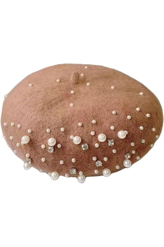 Women Girls Beaded Pearl Rhinestone Wool French Beret Hat Winter Artist Painter Hats Beanie Cap