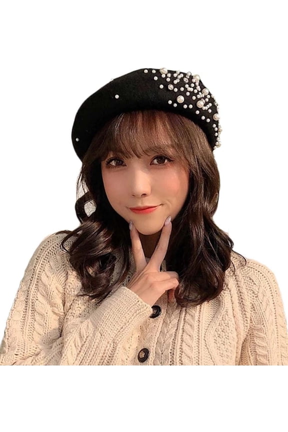 Women Girls Beaded Pearl Rhinestone Wool French Beret Hat Winter Artist Painter Hats Beanie Cap