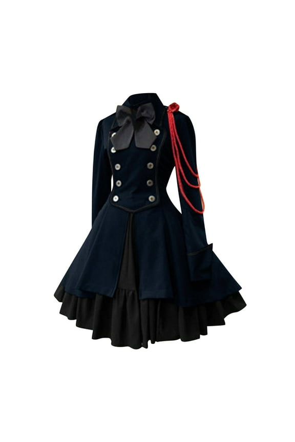 Women Girls Black Gothic Dress Long Sleeves Polyester Ruffle Dress with Bows