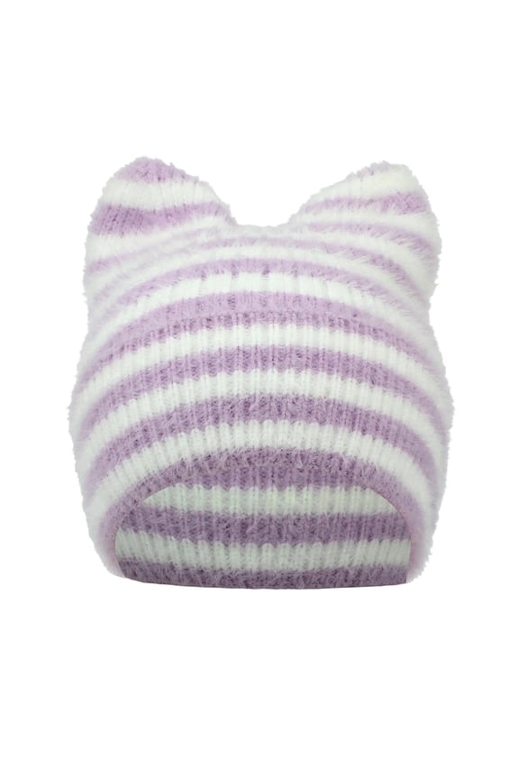 Women Girls Boys Teens Cute CAT Kitty Ears Hats, Winter Warm Knitted Stripe Grunge Accessories Slouchy Headgear