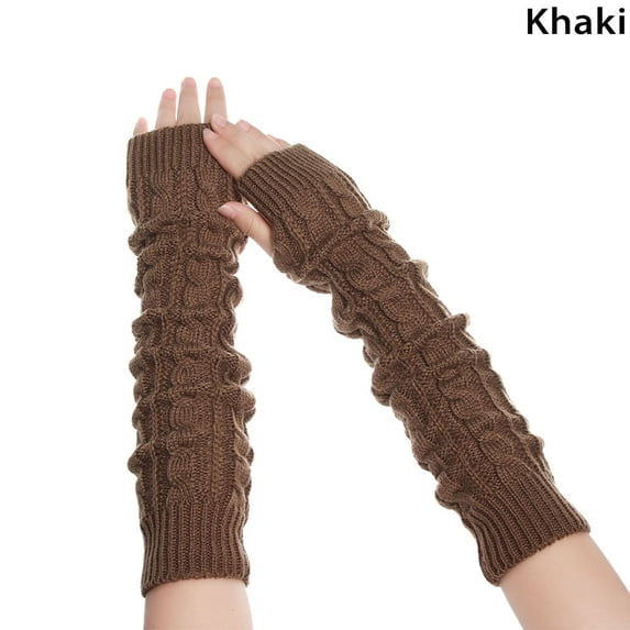 Women Girls Button Autumn Winter Spring Fingerless Wool Mittens Long Gloves Arm Warmers Knitted Gloves KHAKI