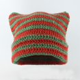 thumbnail image 1 of Women Girls Cat Ear Beanie Striped Crochet Hat Vintage Cable Knit Beanies Fox Hat Slouchy Cap Fashion Accessories, Green Red, 1 of 8