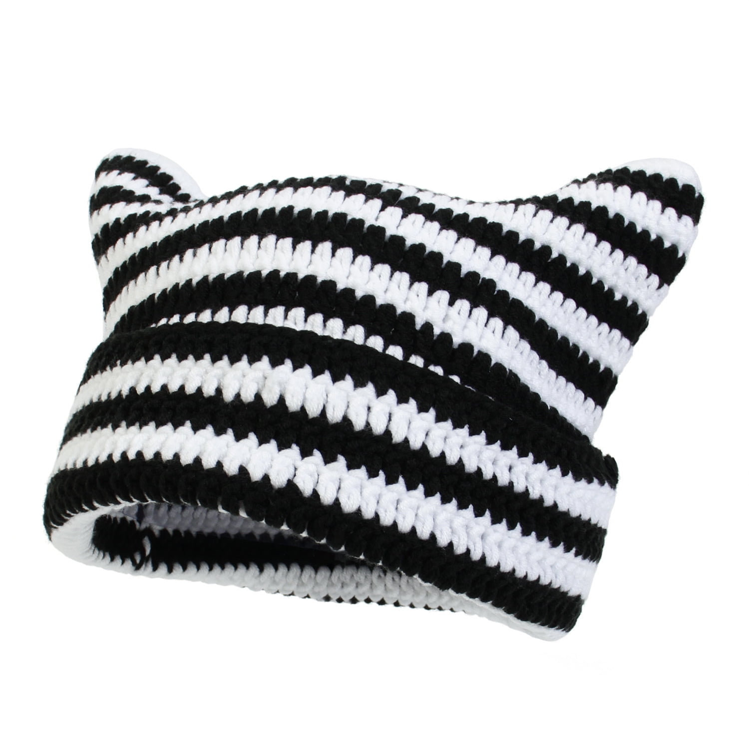 Women Girls Cat Ear Beanie Striped Crochet Hat Vintage Cable 