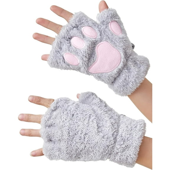 Women Girls Cat Paw Gloves, Faux Fur Cute Kitten Wolf Bear Claw Fingerless Winter Plush Gloves, Half Finger Cosplay Furry Cat Mittens