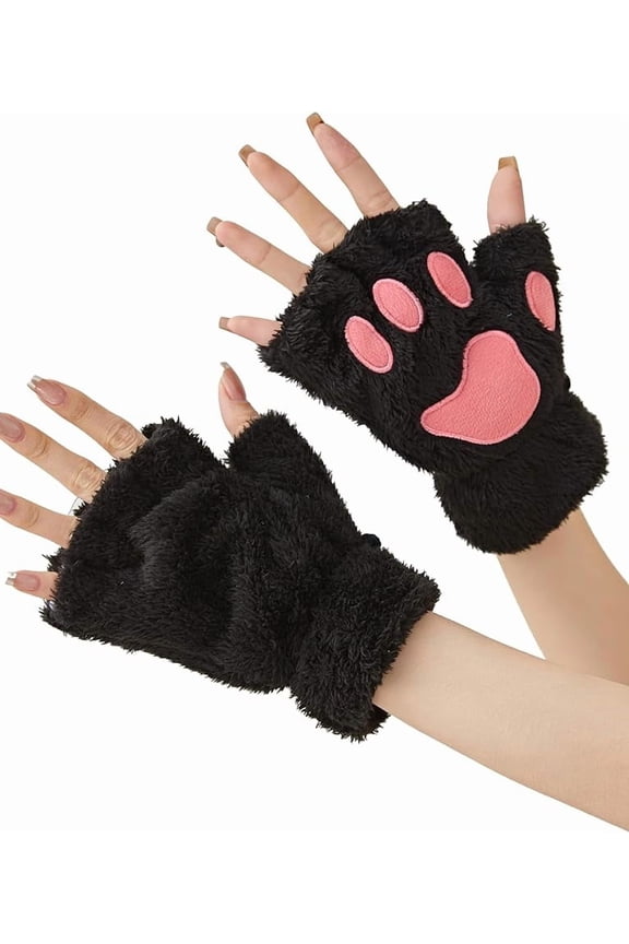 Women Girls Cat Paw Gloves, Faux Fur Cute Kitten Wolf Bear Claw Fingerless Winter Plush Gloves, Half Finger Cosplay Furry Cat Mittens