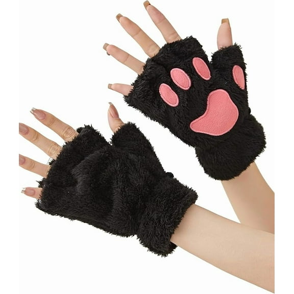 Women Girls Cat Paw Gloves, Faux Fur Cute Kitten Wolf Bear Claw Fingerless Winter Plush Gloves, Half Finger Cosplay Furry Cat Mittens