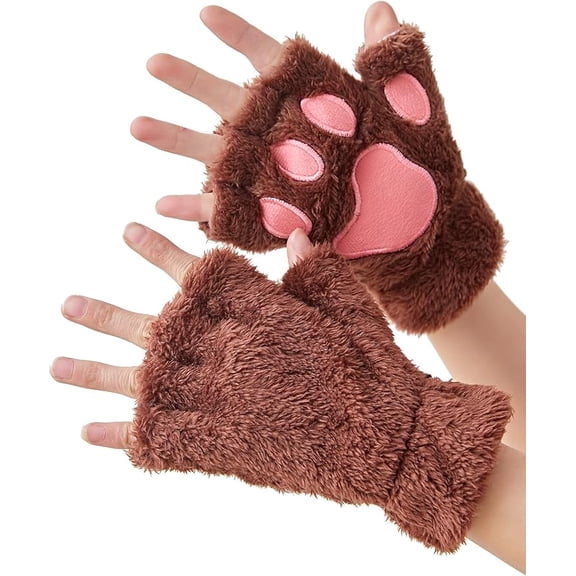 Women Girls Cat Paw Gloves, Faux Fur Cute Kitten Wolf Bear Claw Fingerless Winter Plush Gloves, Half Finger Cosplay Furry Cat Mittens