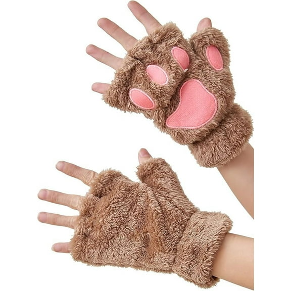 Women Girls Cat Paw Gloves, Faux Fur Cute Kitten Wolf Bear Claw Fingerless Winter Plush Gloves, Half Finger Cosplay Furry Cat Mittens